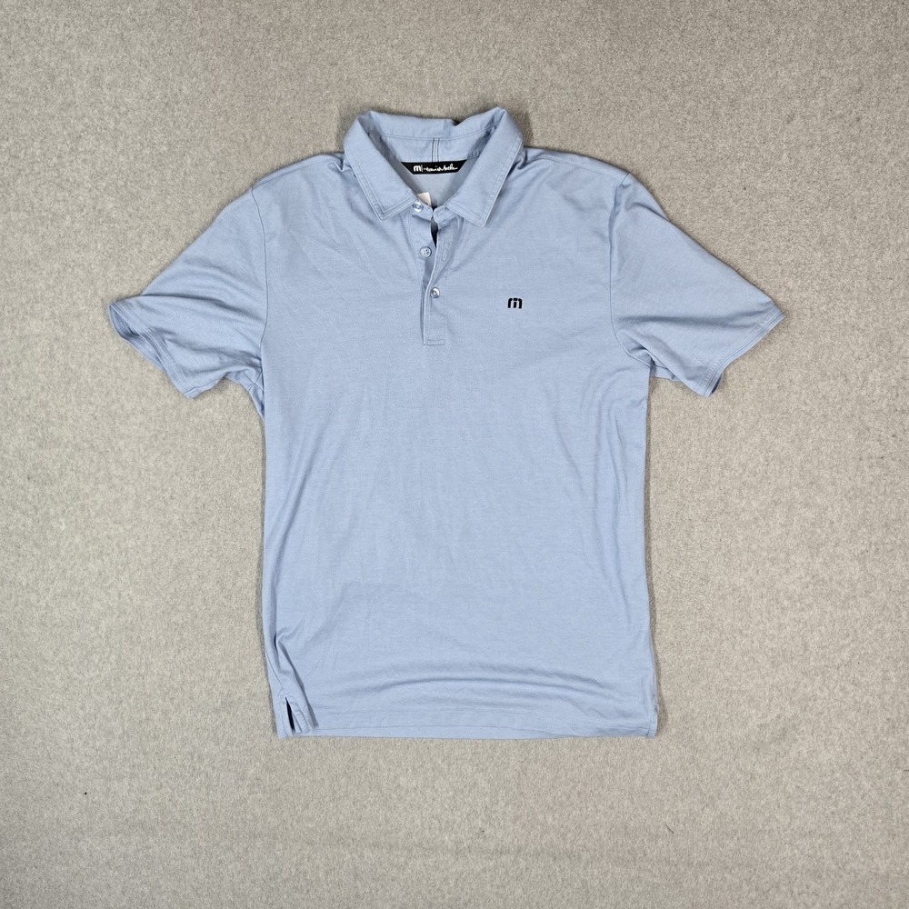Travis Mathew Men Polo M Light Blue Golf Logo Short Sleeve Polyester Collar